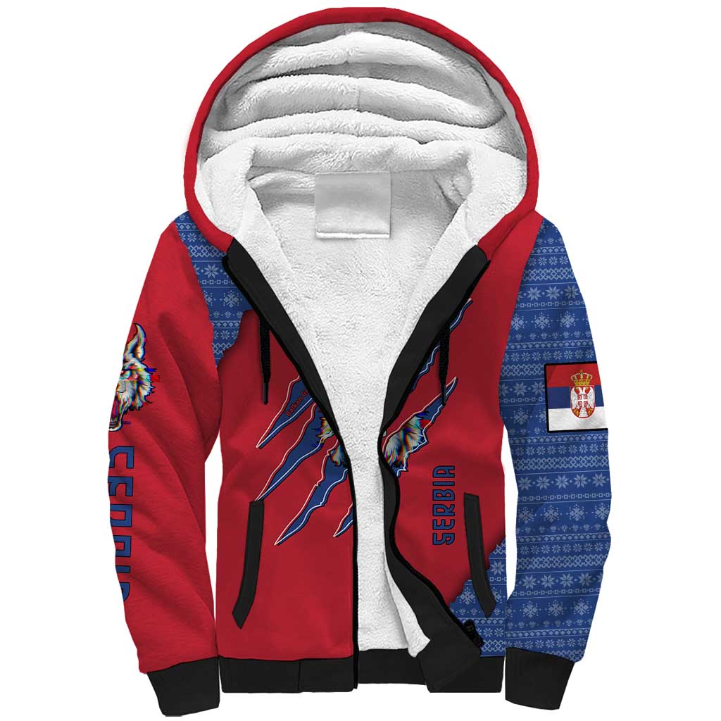 Serbia Sherpa Hoodie with Balkan Gray Wolf, Claw Marks, and Flag Sleeve Design