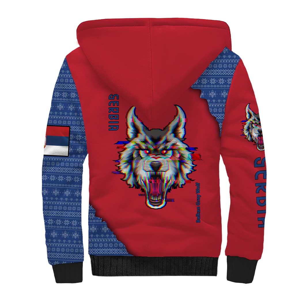 Serbia Sherpa Hoodie with Balkan Gray Wolf, Claw Marks, and Flag Sleeve Design