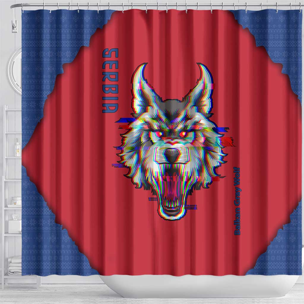 Serbia Shower Curtain with Balkan Gray Wolf, Claw Marks, and Flag Sleeve Design