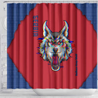 Serbia Shower Curtain with Balkan Gray Wolf, Claw Marks, and Flag Sleeve Design