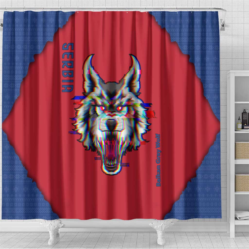 Serbia Shower Curtain with Balkan Gray Wolf, Claw Marks, and Flag Sleeve Design