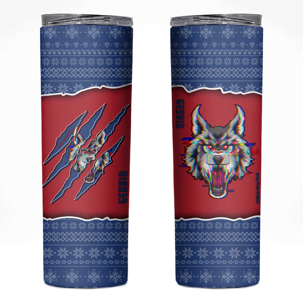Serbia Skinny Tumbler with Balkan Gray Wolf, Claw Marks, and Flag Sleeve Design
