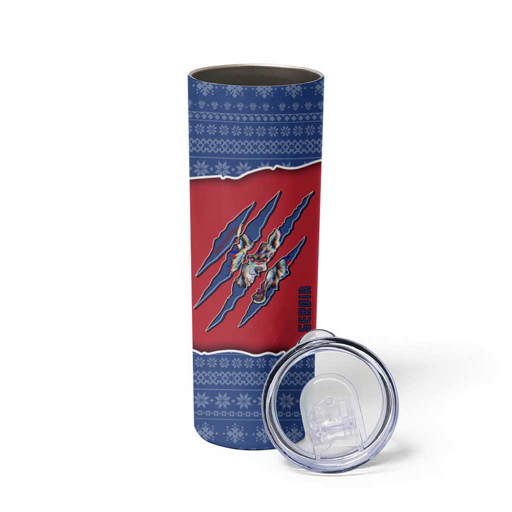 Serbia Skinny Tumbler with Balkan Gray Wolf, Claw Marks, and Flag Sleeve Design