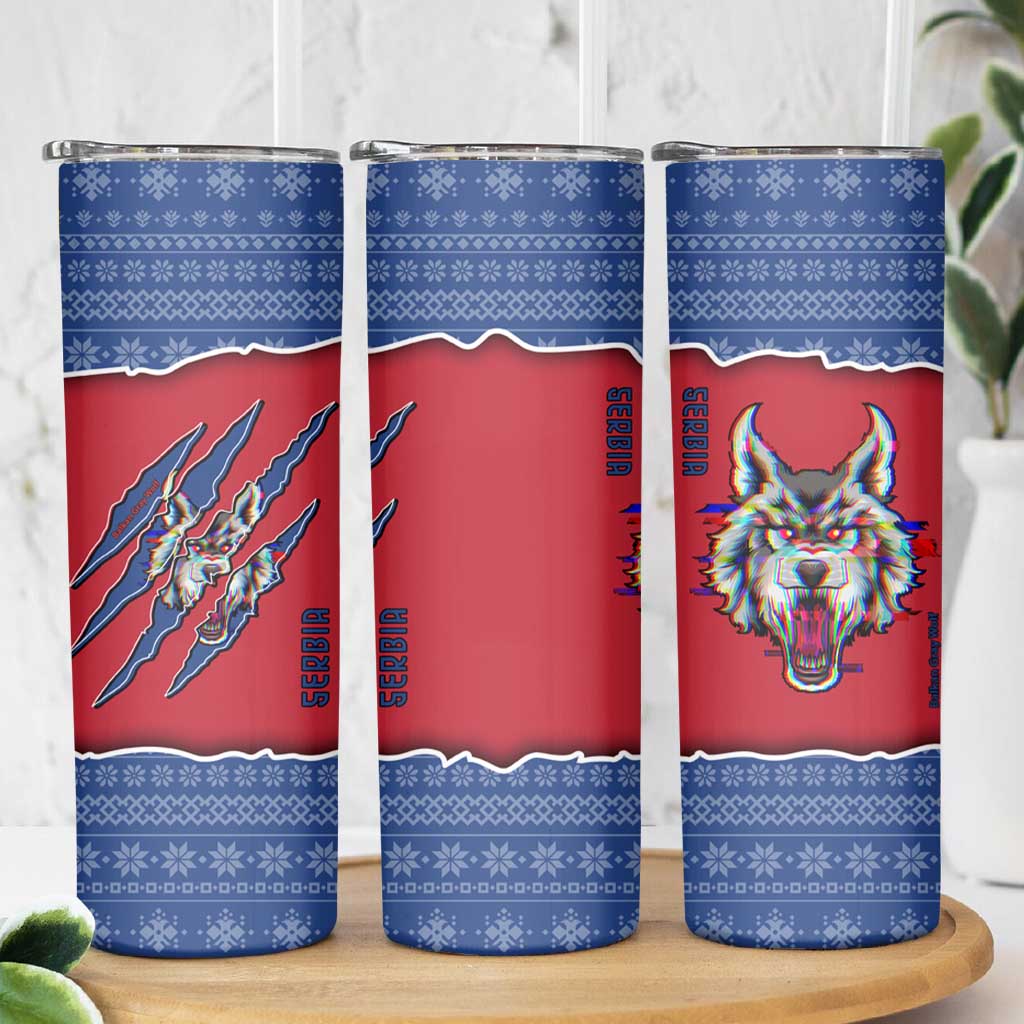 Serbia Skinny Tumbler with Balkan Gray Wolf, Claw Marks, and Flag Sleeve Design