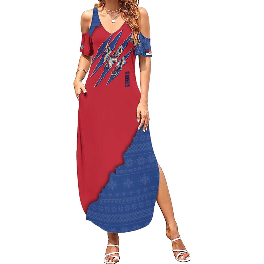 Serbia Summer Maxi Dress with Balkan Gray Wolf, Claw Marks, and Flag Sleeve Design