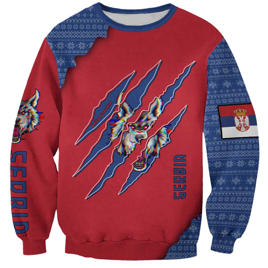 Serbia Sweatshirt with Balkan Gray Wolf, Claw Marks, and Flag Sleeve Design