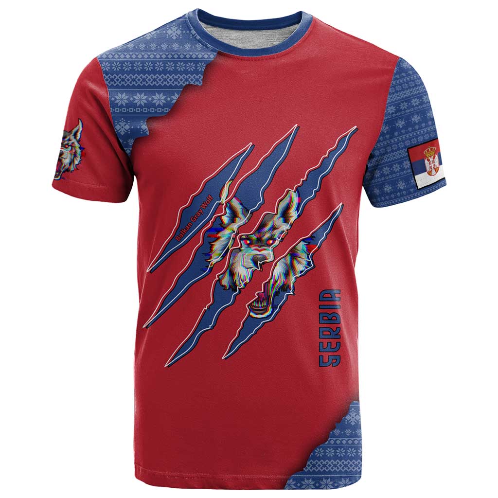 Serbia T Shirt with Balkan Gray Wolf, Claw Marks, and Flag Sleeve Design