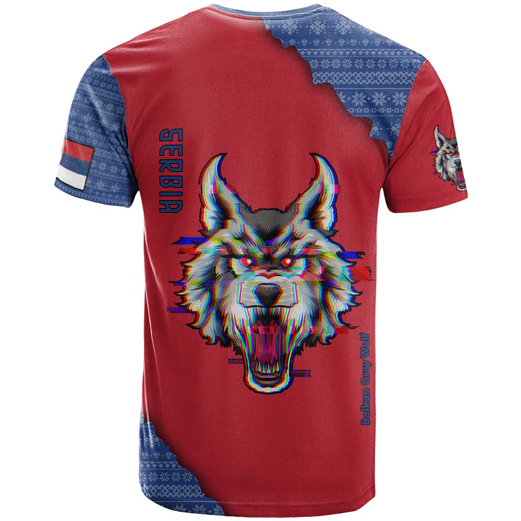 Serbia T Shirt with Balkan Gray Wolf, Claw Marks, and Flag Sleeve Design