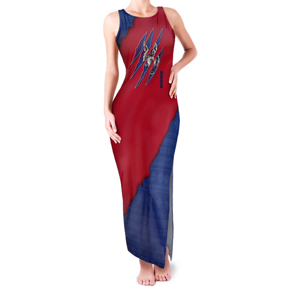Serbia Tank Maxi Dress with Balkan Gray Wolf, Claw Marks, and Flag Sleeve Design