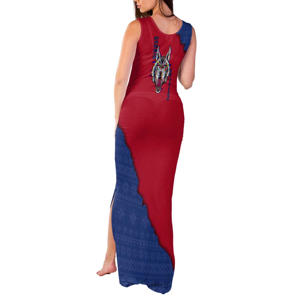 Serbia Tank Maxi Dress with Balkan Gray Wolf, Claw Marks, and Flag Sleeve Design
