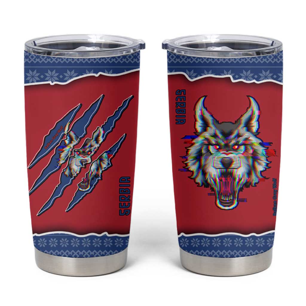Serbia Tumbler Cup with Balkan Gray Wolf, Claw Marks, and Flag Sleeve Design