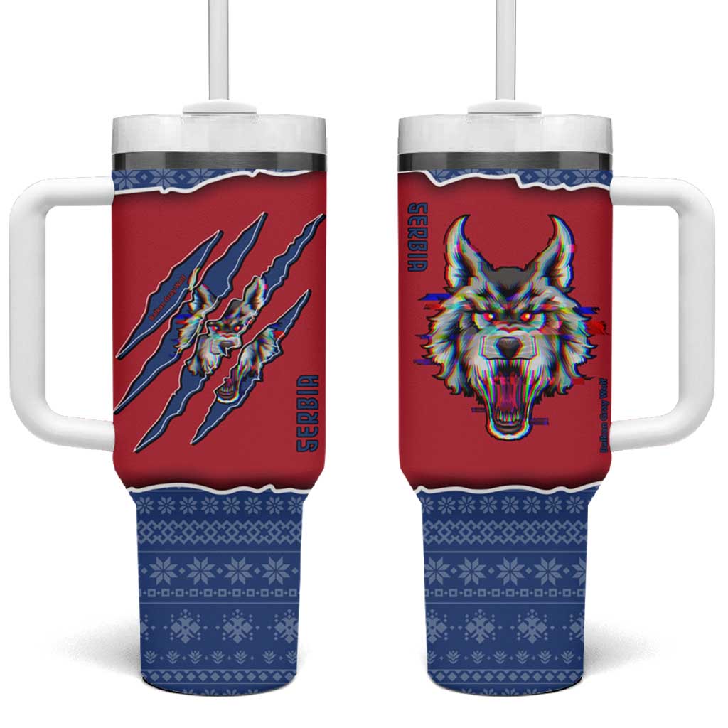 Serbia Tumbler With Handle with Balkan Gray Wolf, Claw Marks, and Flag Sleeve Design