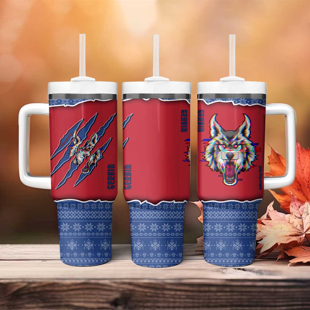 Serbia Tumbler With Handle with Balkan Gray Wolf, Claw Marks, and Flag Sleeve Design