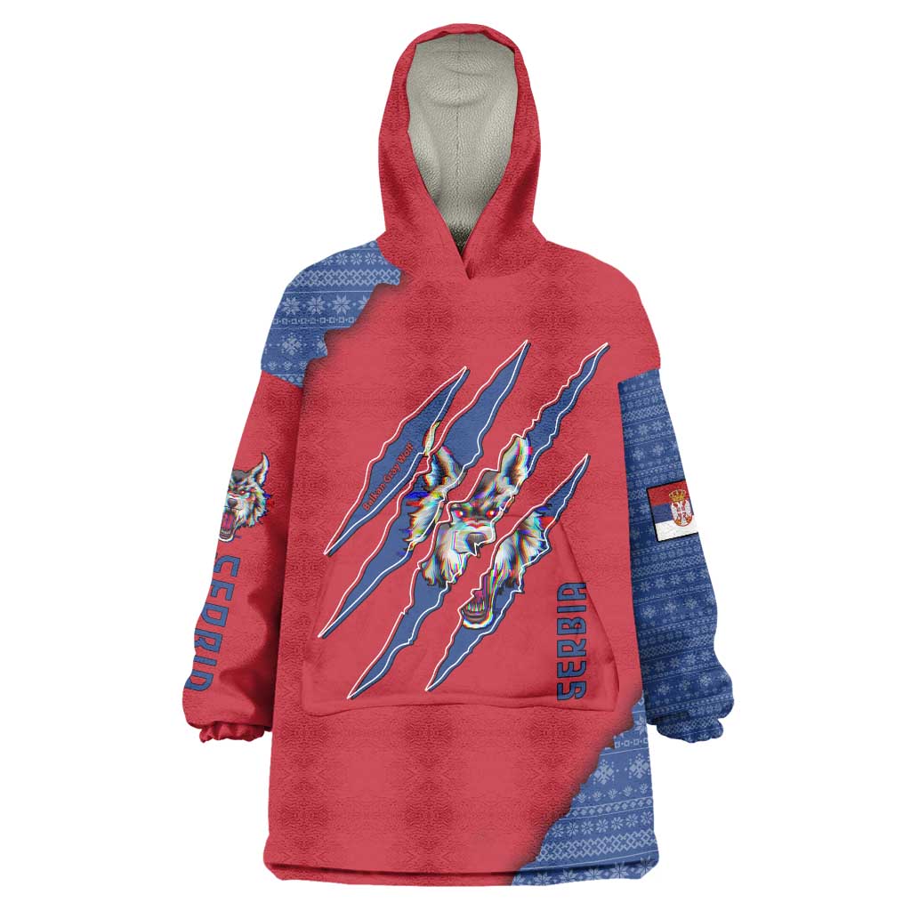Serbia Wearable Blanket Hoodie with Balkan Gray Wolf, Claw Marks, and Flag Sleeve Design