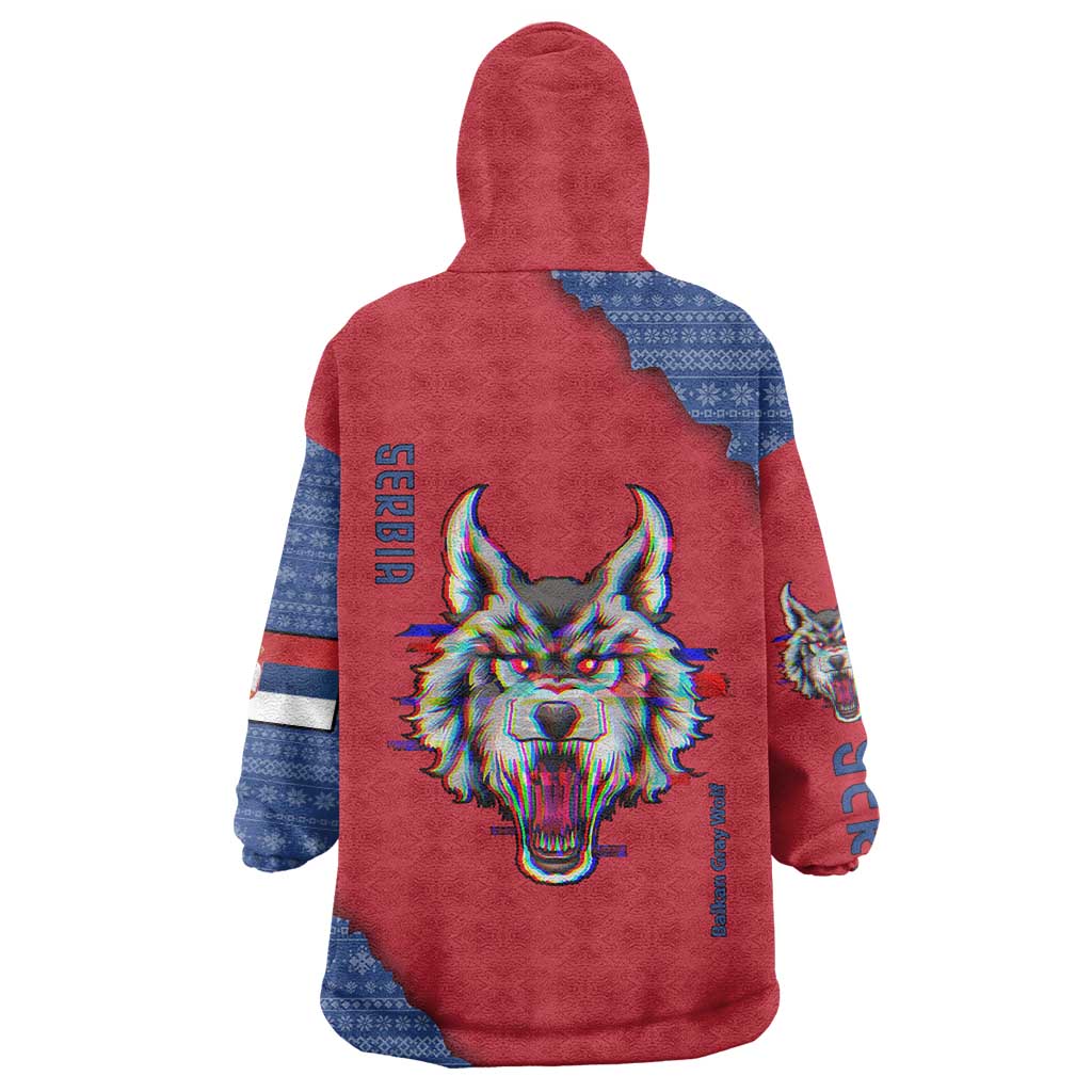 Serbia Wearable Blanket Hoodie with Balkan Gray Wolf, Claw Marks, and Flag Sleeve Design