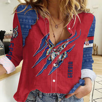 Serbia Women Casual Shirt with Balkan Gray Wolf, Claw Marks, and Flag Sleeve Design