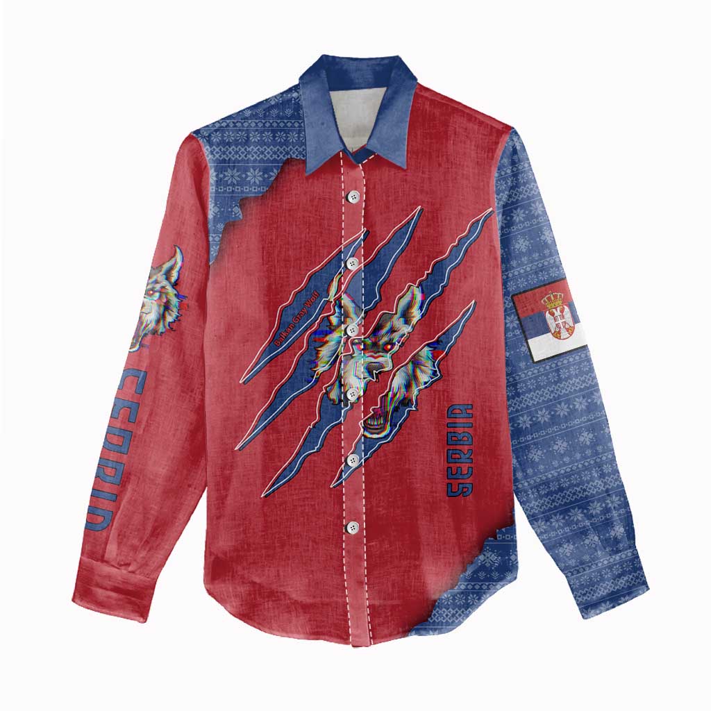 Serbia Women Casual Shirt with Balkan Gray Wolf, Claw Marks, and Flag Sleeve Design