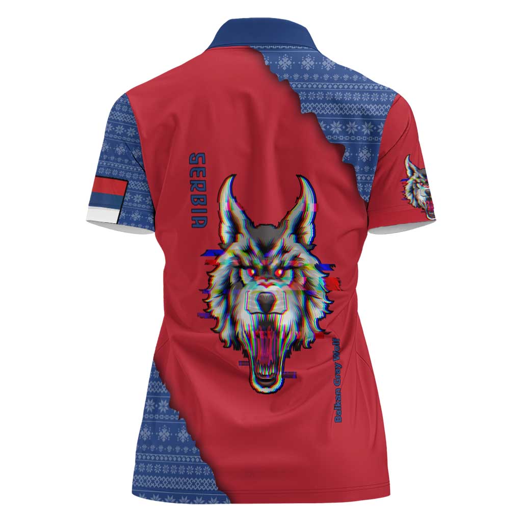 Serbia Women Polo Shirt with Balkan Gray Wolf, Claw Marks, and Flag Sleeve Design