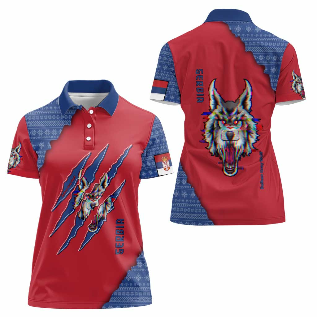 Serbia Women Polo Shirt with Balkan Gray Wolf, Claw Marks, and Flag Sleeve Design