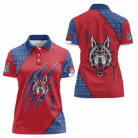 Serbia Women Polo Shirt with Balkan Gray Wolf, Claw Marks, and Flag Sleeve Design