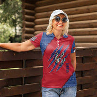 Serbia Women Polo Shirt with Balkan Gray Wolf, Claw Marks, and Flag Sleeve Design