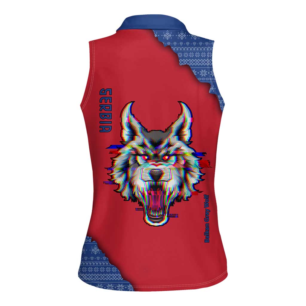 Serbia Women Sleeveless Polo Shirt with Balkan Gray Wolf, Claw Marks, and Flag Sleeve Design