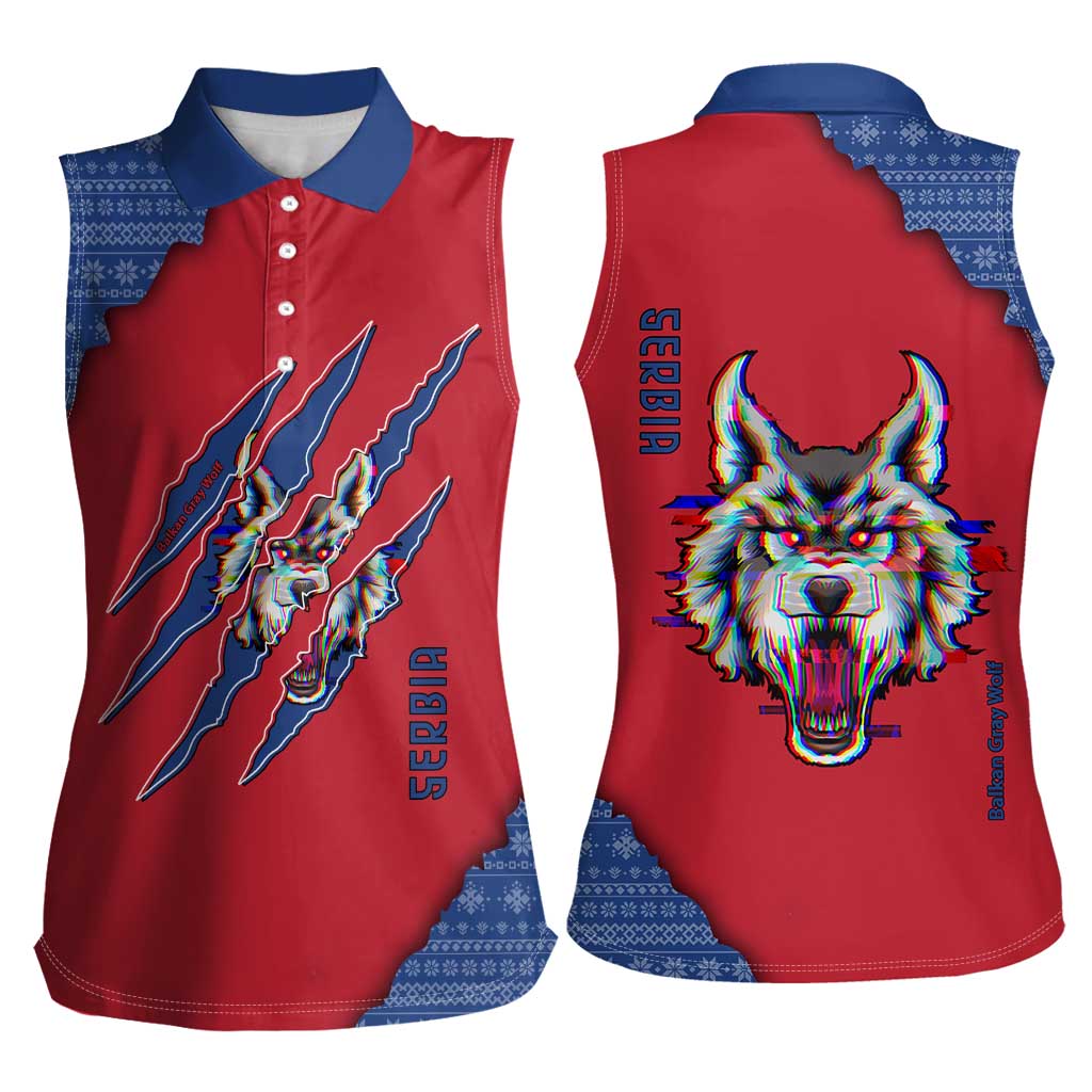 Serbia Women Sleeveless Polo Shirt with Balkan Gray Wolf, Claw Marks, and Flag Sleeve Design