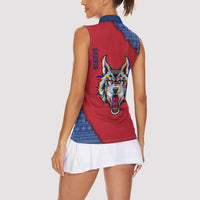 Serbia Women Sleeveless Polo Shirt with Balkan Gray Wolf, Claw Marks, and Flag Sleeve Design