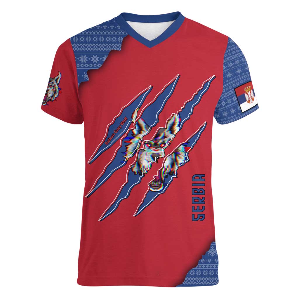 Serbia Women V-Neck T-Shirt with Balkan Gray Wolf, Claw Marks, and Flag Sleeve Design