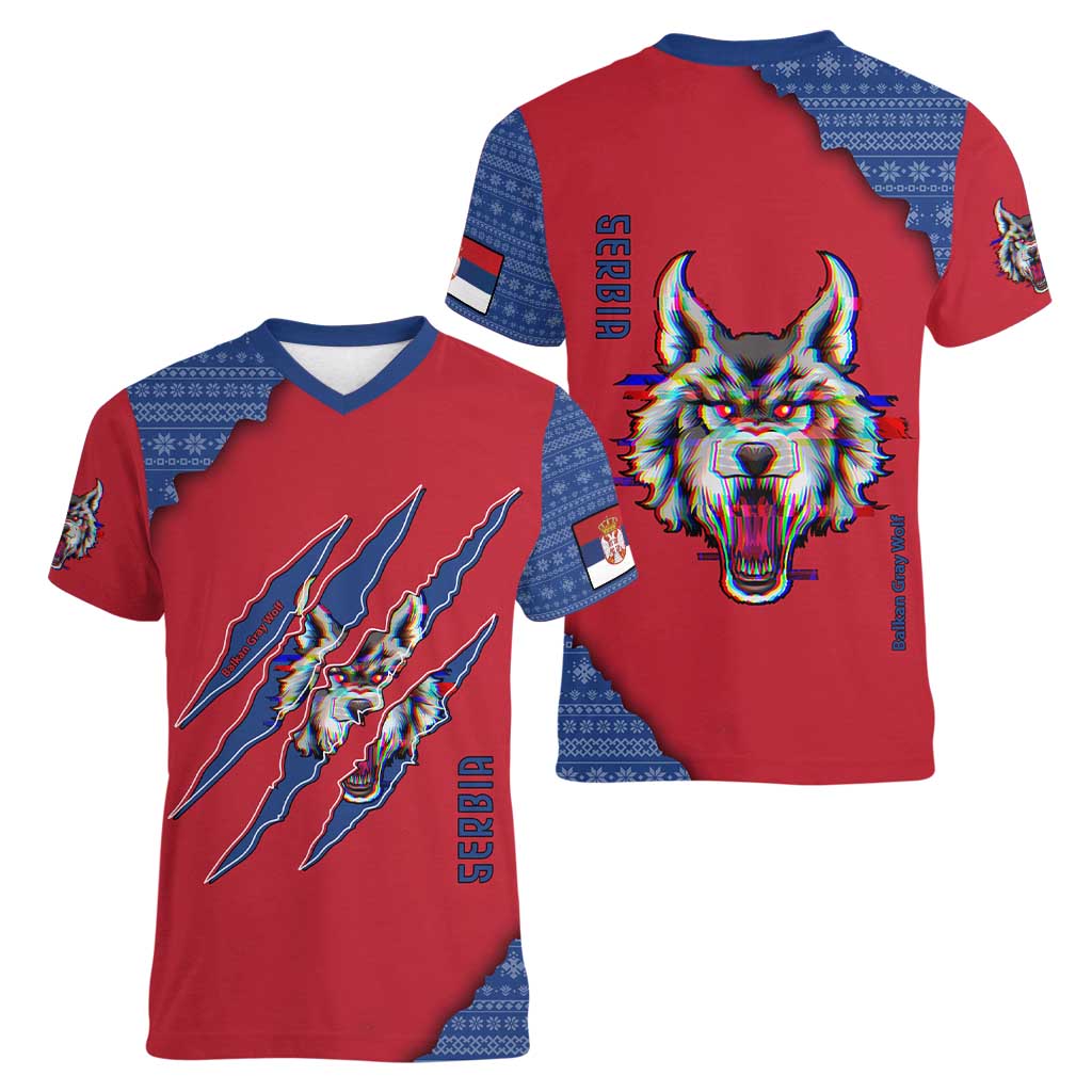 Serbia Women V-Neck T-Shirt with Balkan Gray Wolf, Claw Marks, and Flag Sleeve Design