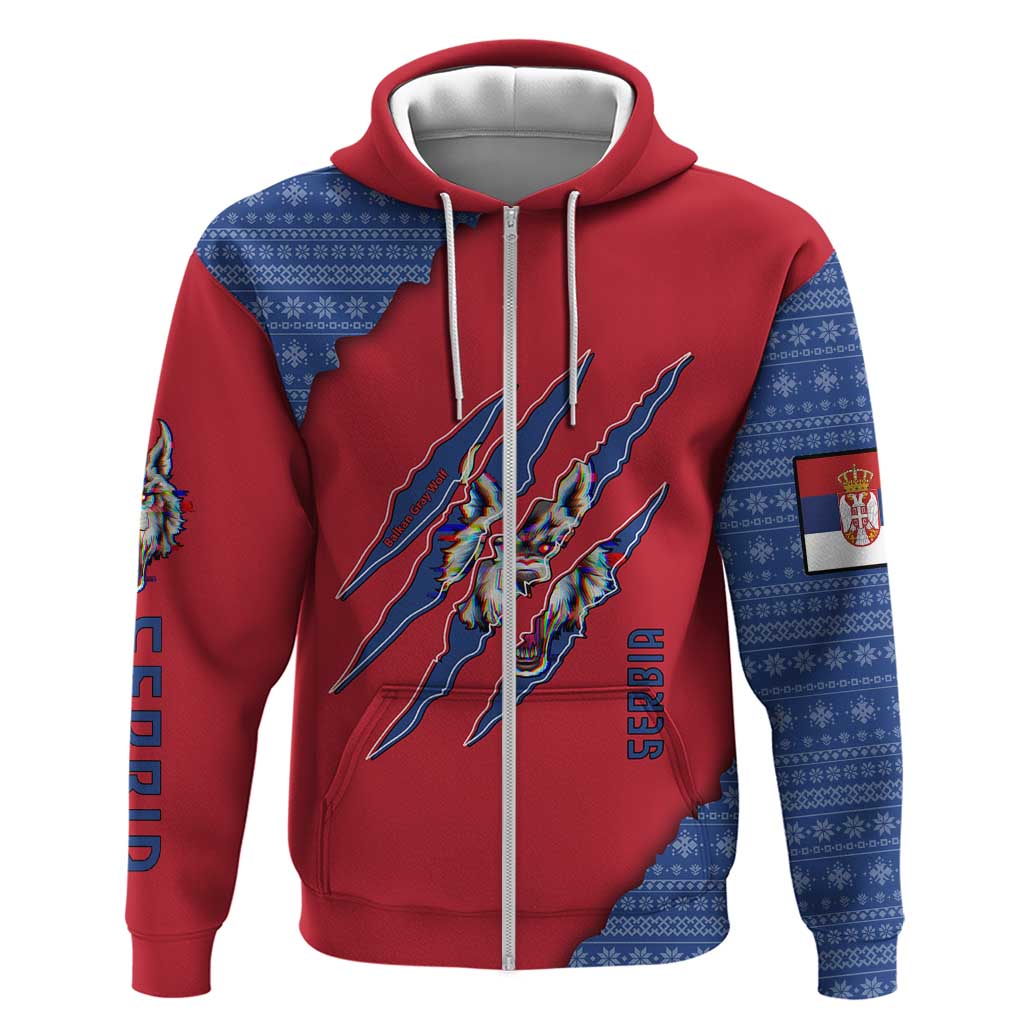 Serbia Zip Hoodie with Balkan Gray Wolf, Claw Marks, and Flag Sleeve Design