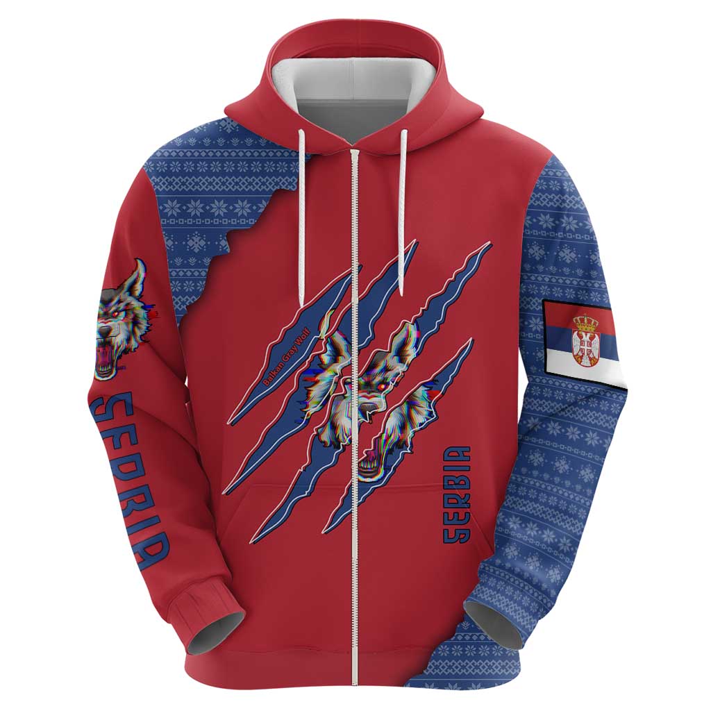 Serbia Zip Hoodie with Balkan Gray Wolf, Claw Marks, and Flag Sleeve Design