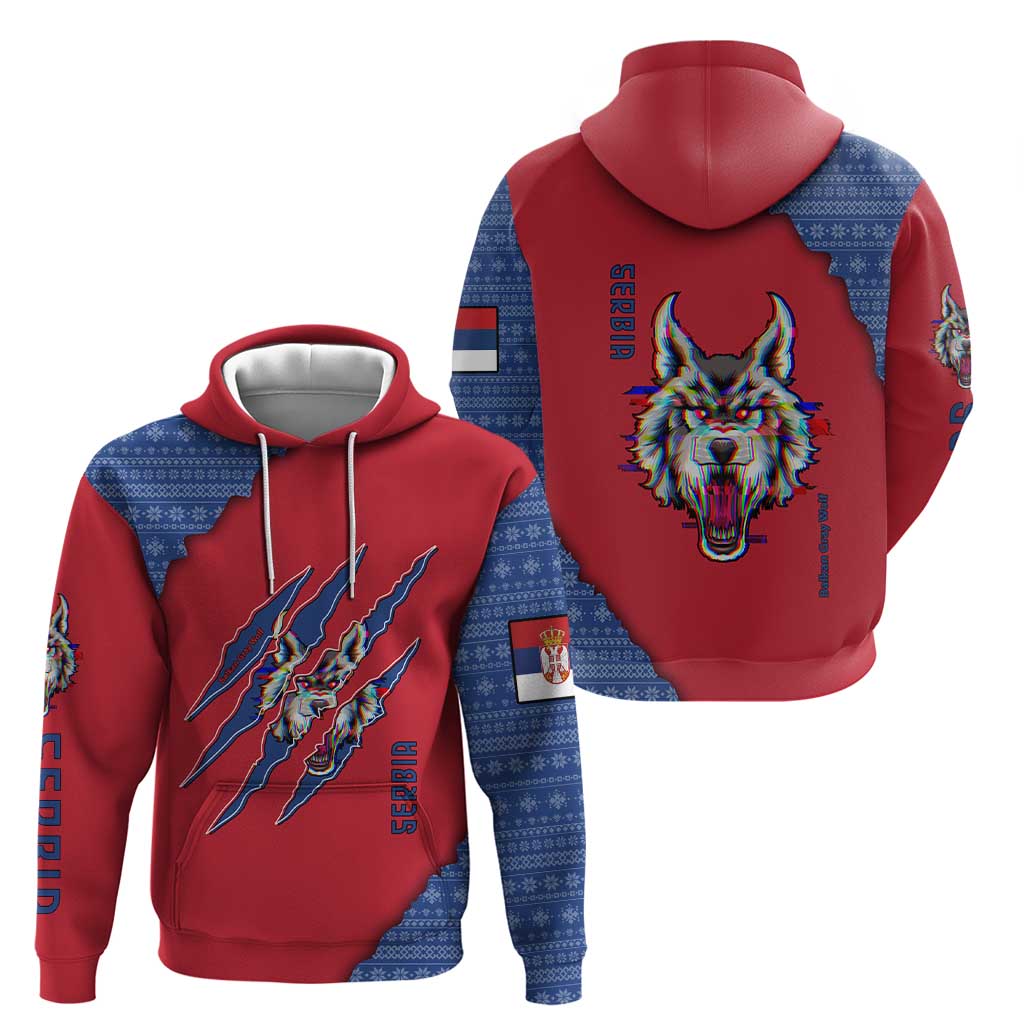 Serbia Zip Hoodie with Balkan Gray Wolf, Claw Marks, and Flag Sleeve Design