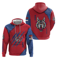 Serbia Zip Hoodie with Balkan Gray Wolf, Claw Marks, and Flag Sleeve Design