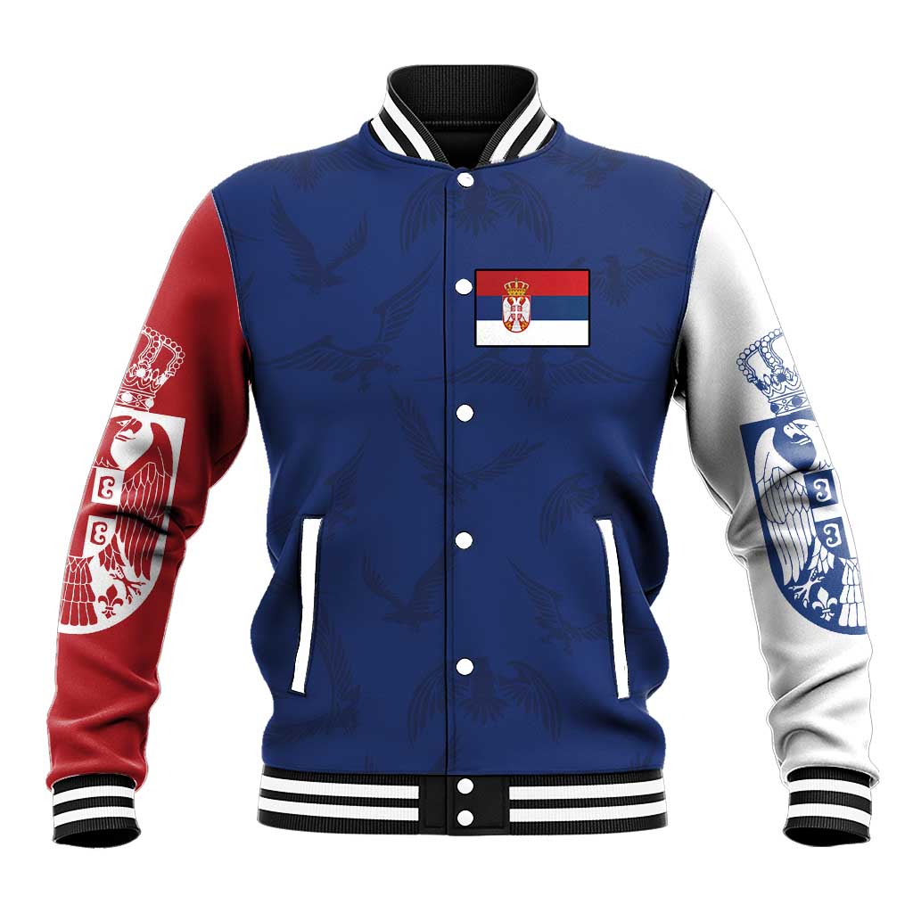 Serbia Flag Baseball Jacket with Double-Headed Eagle and National Coat of Arms Design