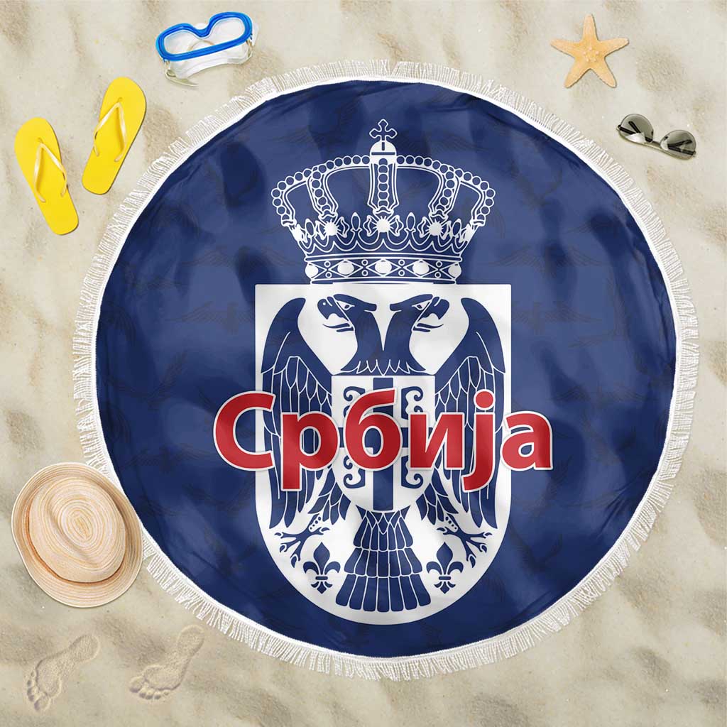 Serbia Flag Beach Blanket with Double-Headed Eagle and National Coat of Arms Design
