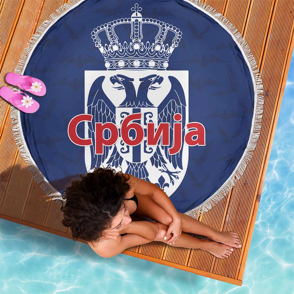 Serbia Flag Beach Blanket with Double-Headed Eagle and National Coat of Arms Design