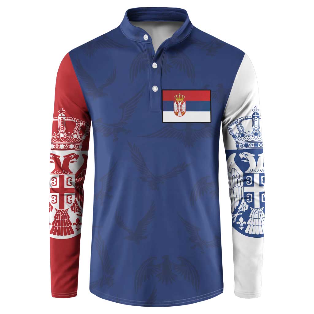 Serbia Flag Button Sweatshirt with Double-Headed Eagle and National Coat of Arms Design
