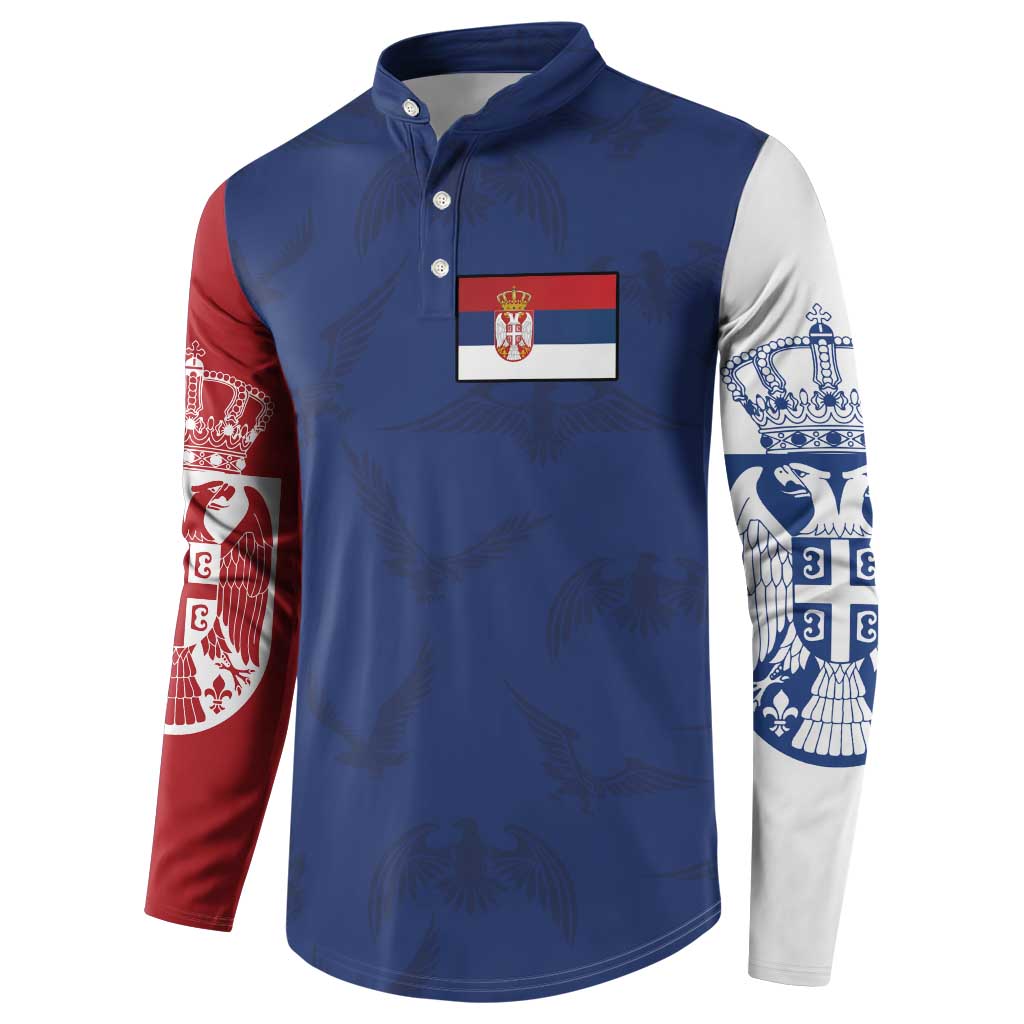 Serbia Flag Button Sweatshirt with Double-Headed Eagle and National Coat of Arms Design