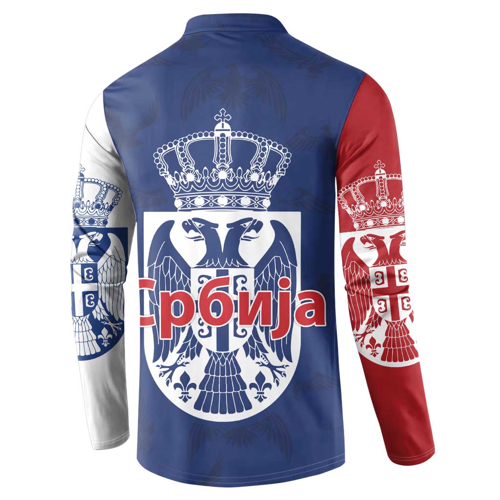 Serbia Flag Button Sweatshirt with Double-Headed Eagle and National Coat of Arms Design