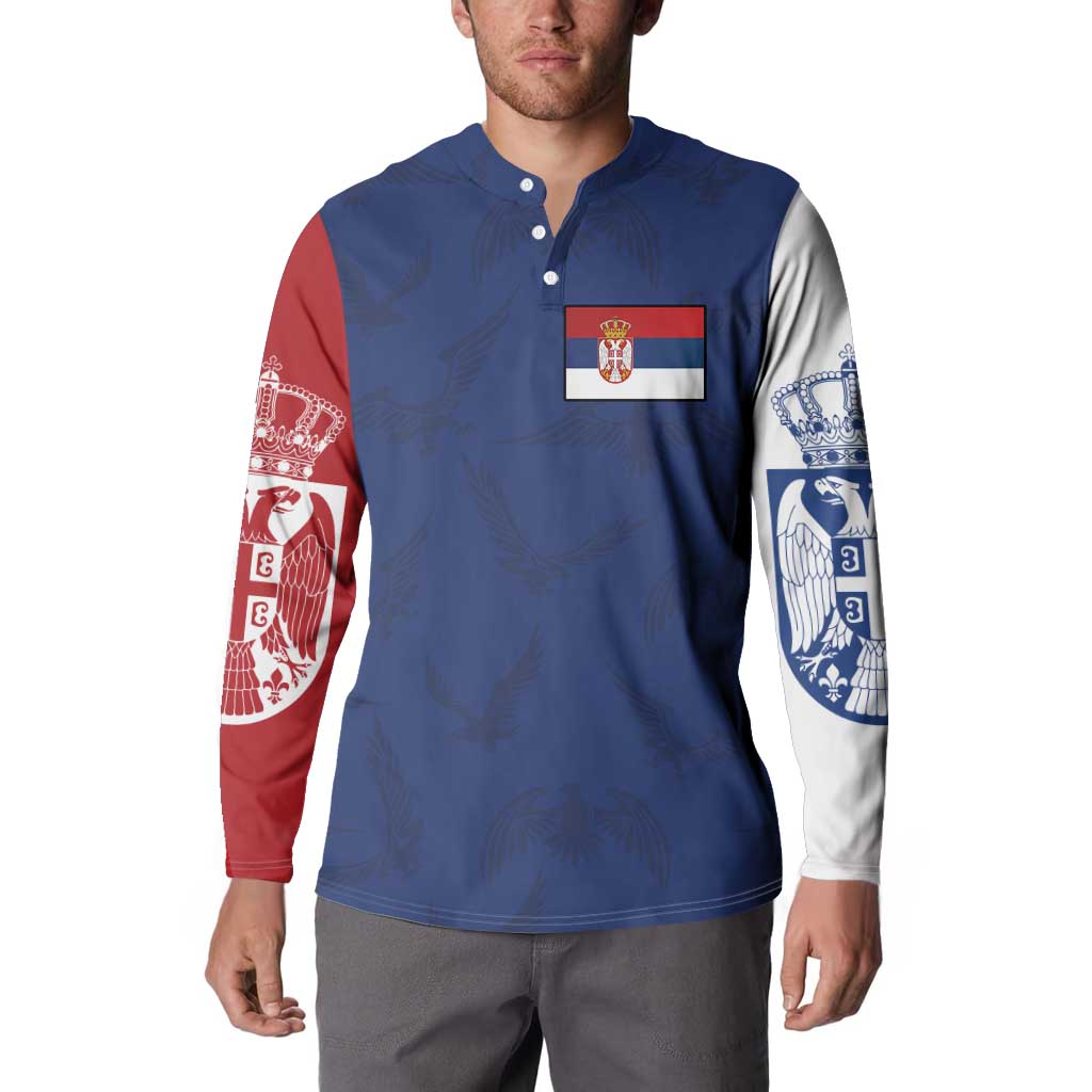 Serbia Flag Button Sweatshirt with Double-Headed Eagle and National Coat of Arms Design