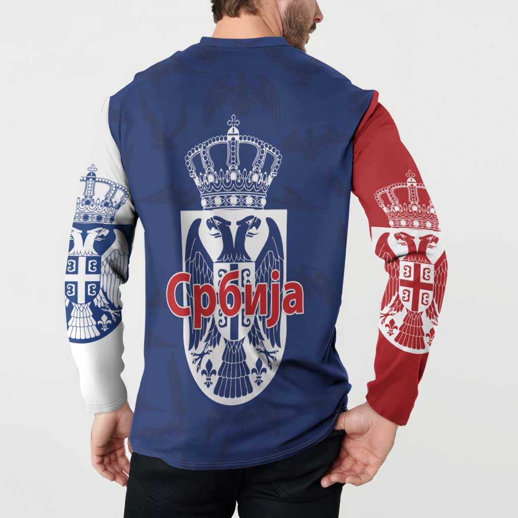 Serbia Flag Button Sweatshirt with Double-Headed Eagle and National Coat of Arms Design