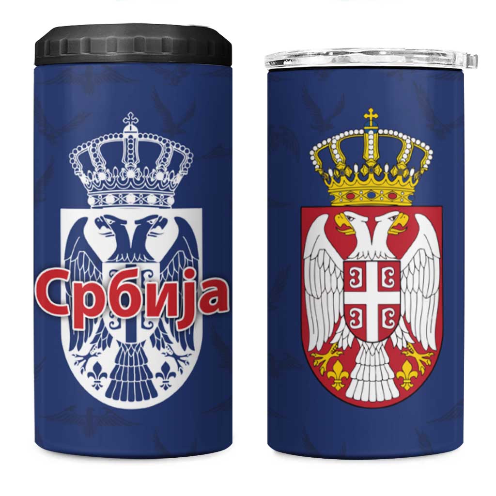 Serbia Flag 4 in 1 Can Cooler Tumbler with Double-Headed Eagle and National Coat of Arms Design
