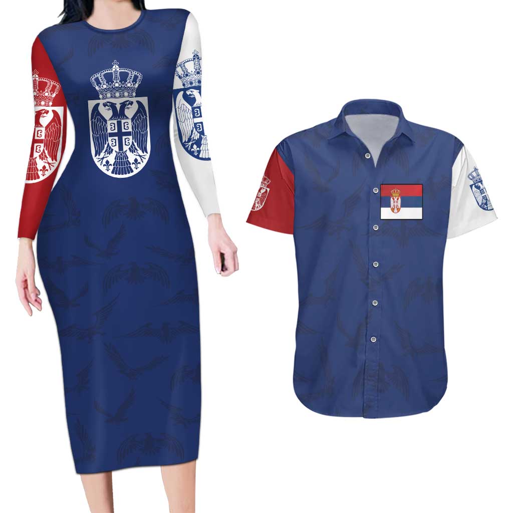 Serbia Flag Couples Matching Long Sleeve Bodycon Dress and Hawaiian Shirt with Double-Headed Eagle and National Coat of Arms Design