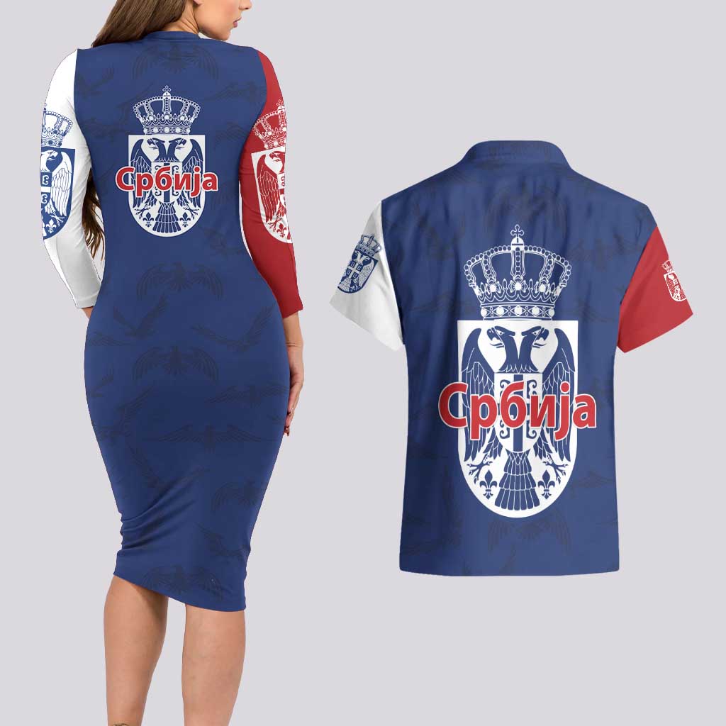 Serbia Flag Couples Matching Long Sleeve Bodycon Dress and Hawaiian Shirt with Double-Headed Eagle and National Coat of Arms Design