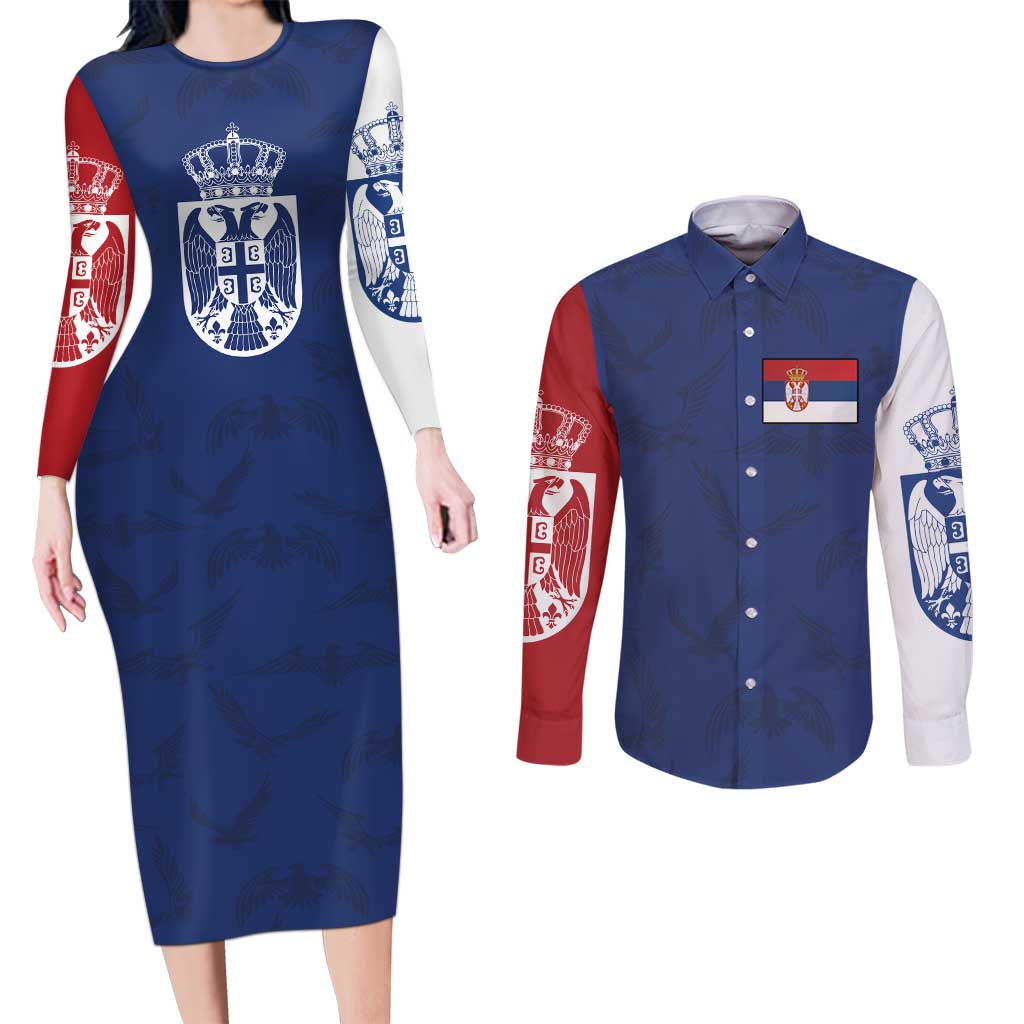 Serbia Flag Couples Matching Long Sleeve Bodycon Dress and Long Sleeve Button Shirt with Double-Headed Eagle and National Coat of Arms Design