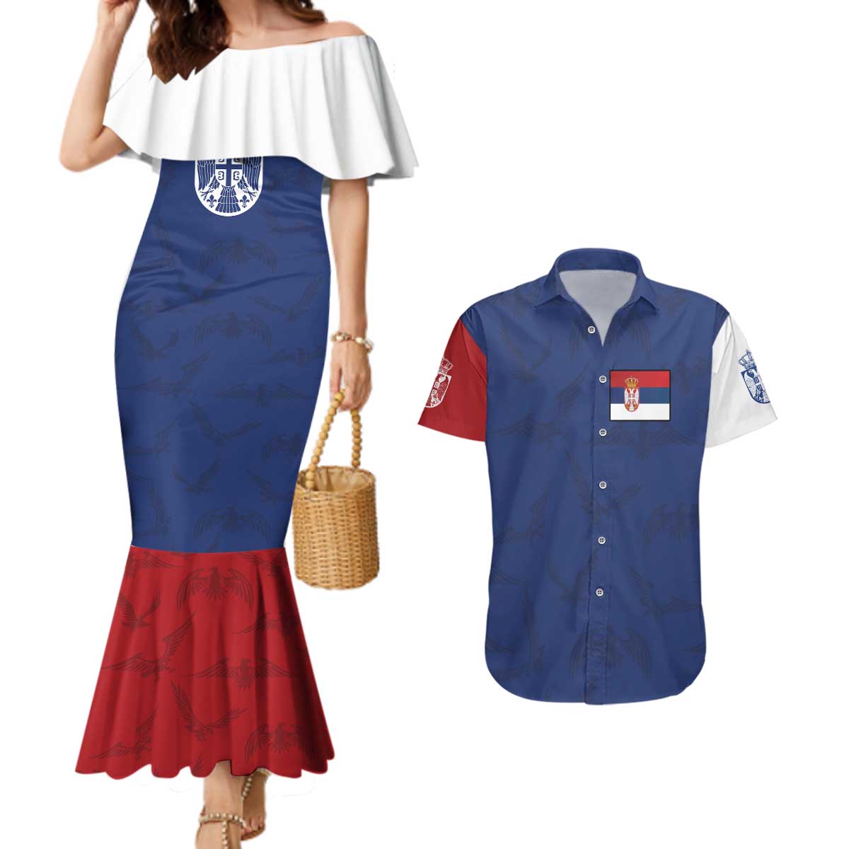 Serbia Flag Couples Matching Mermaid Dress and Hawaiian Shirt with Double-Headed Eagle and National Coat of Arms Design