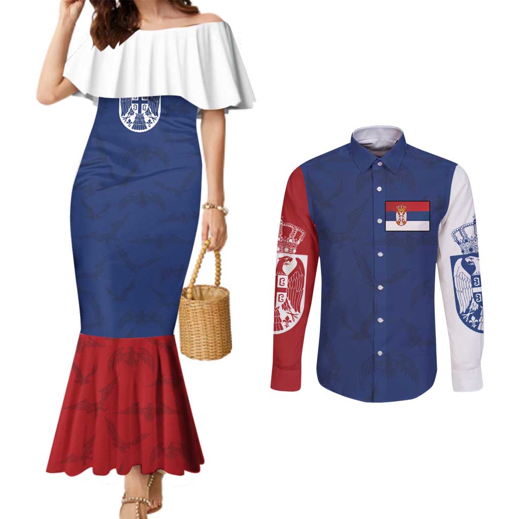 Serbia Flag Couples Matching Mermaid Dress and Long Sleeve Button Shirt with Double-Headed Eagle and National Coat of Arms Design