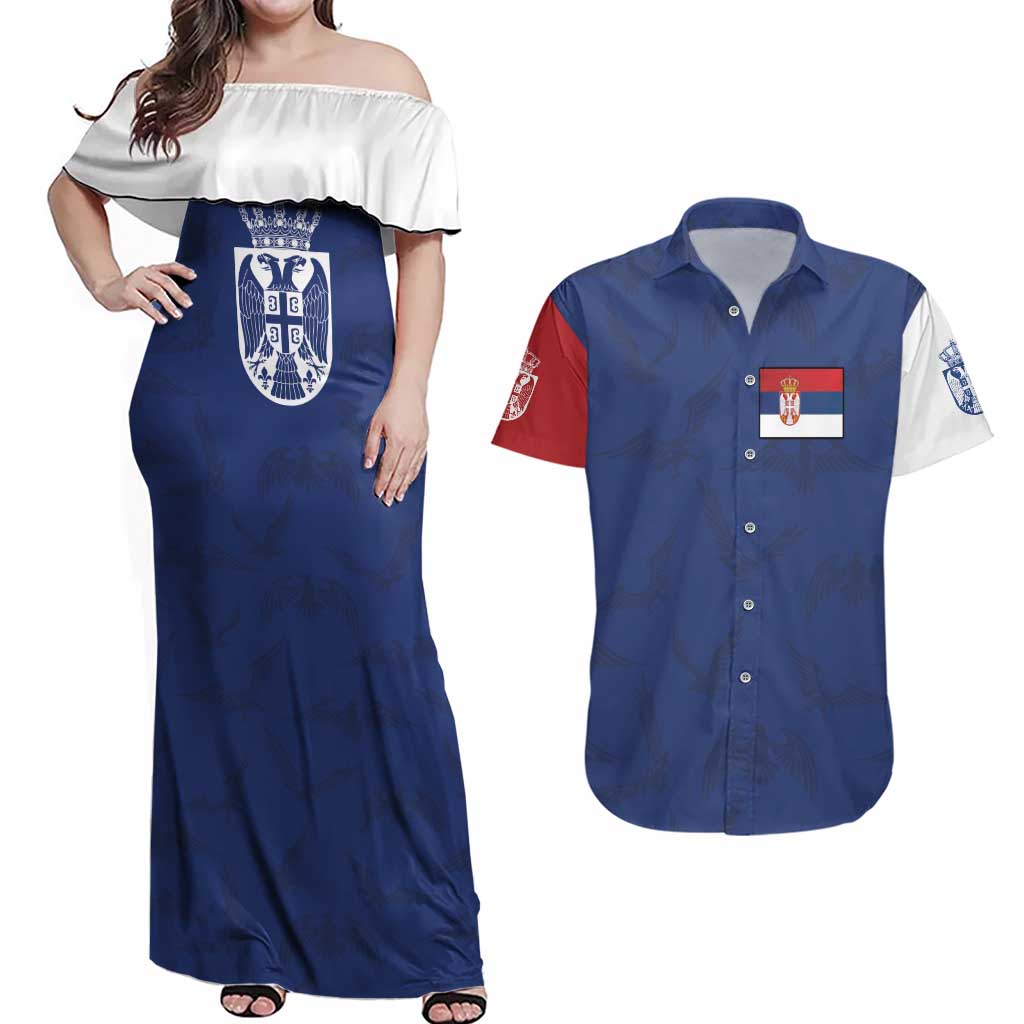 Serbia Flag Couples Matching Off Shoulder Maxi Dress and Hawaiian Shirt with Double-Headed Eagle and National Coat of Arms Design