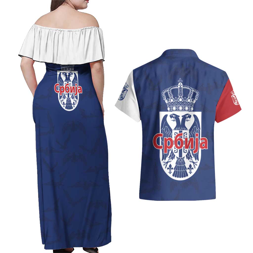 Serbia Flag Couples Matching Off Shoulder Maxi Dress and Hawaiian Shirt with Double-Headed Eagle and National Coat of Arms Design